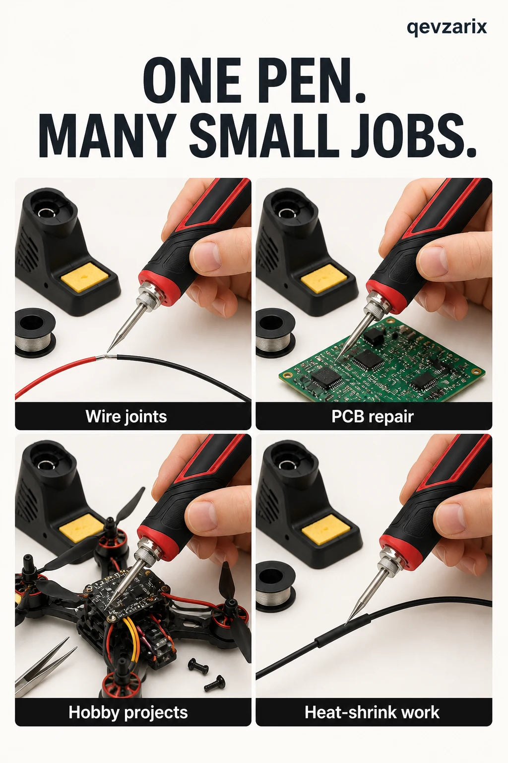 Cordless soldering iron shown for wire joints, PCB repair, hobby projects and heat-shrink work