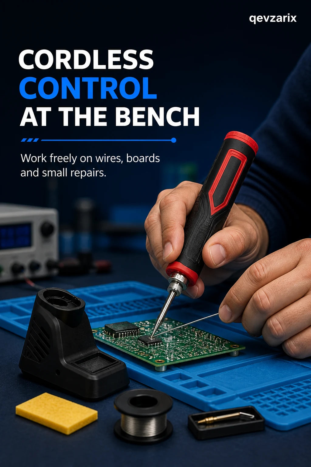 Cordless soldering iron used on a circuit board at a workbench