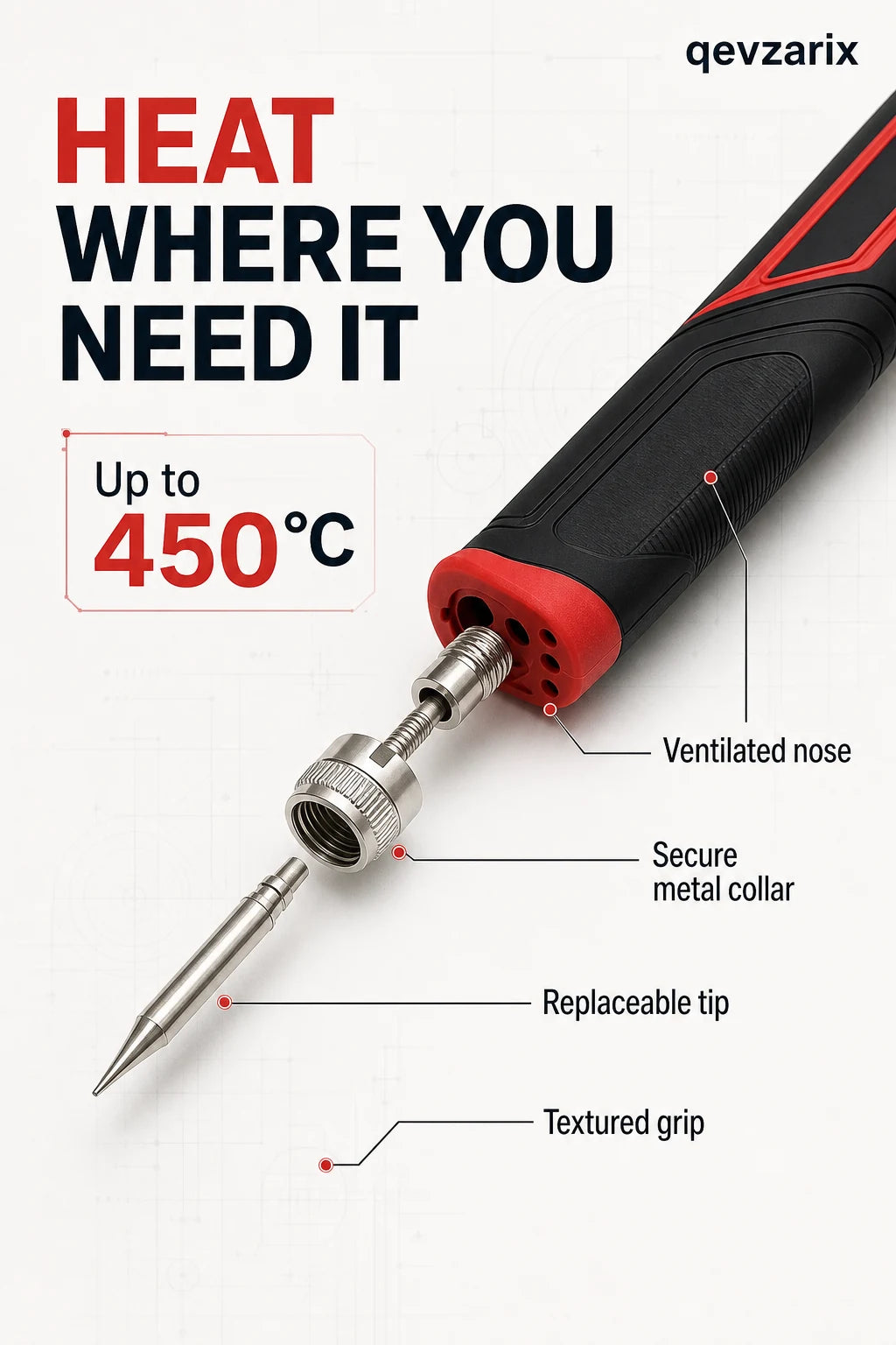 Close product graphic showing the soldering iron tip and up to 450 degrees Celsius temperature