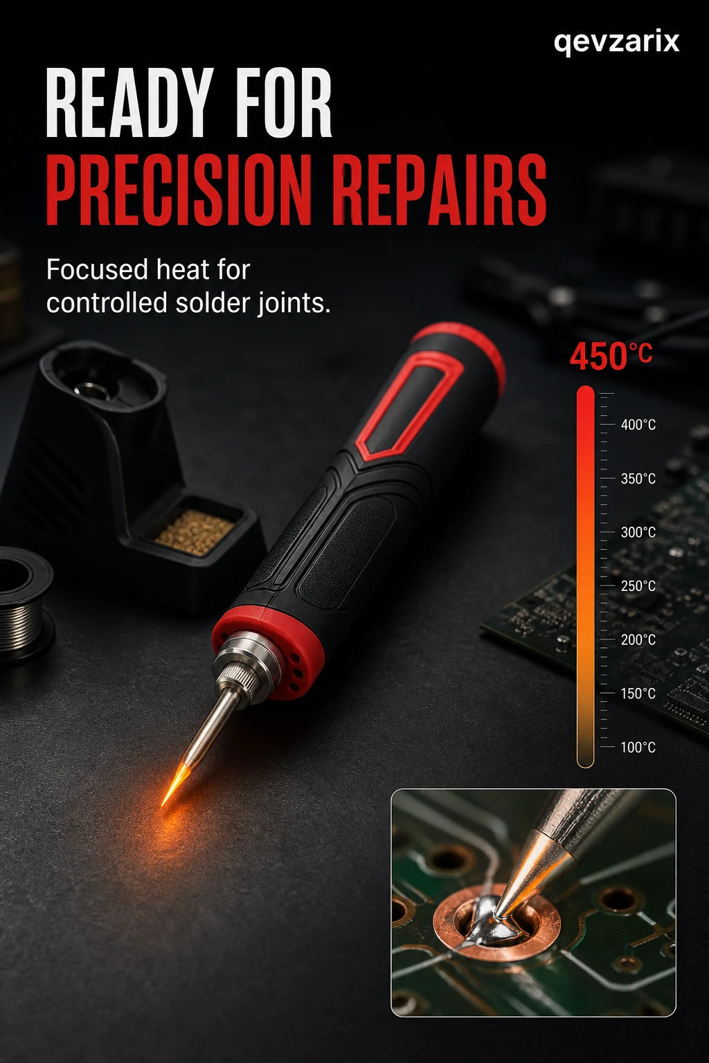 Cordless soldering iron graphic focused on precision repairs and high tip temperature