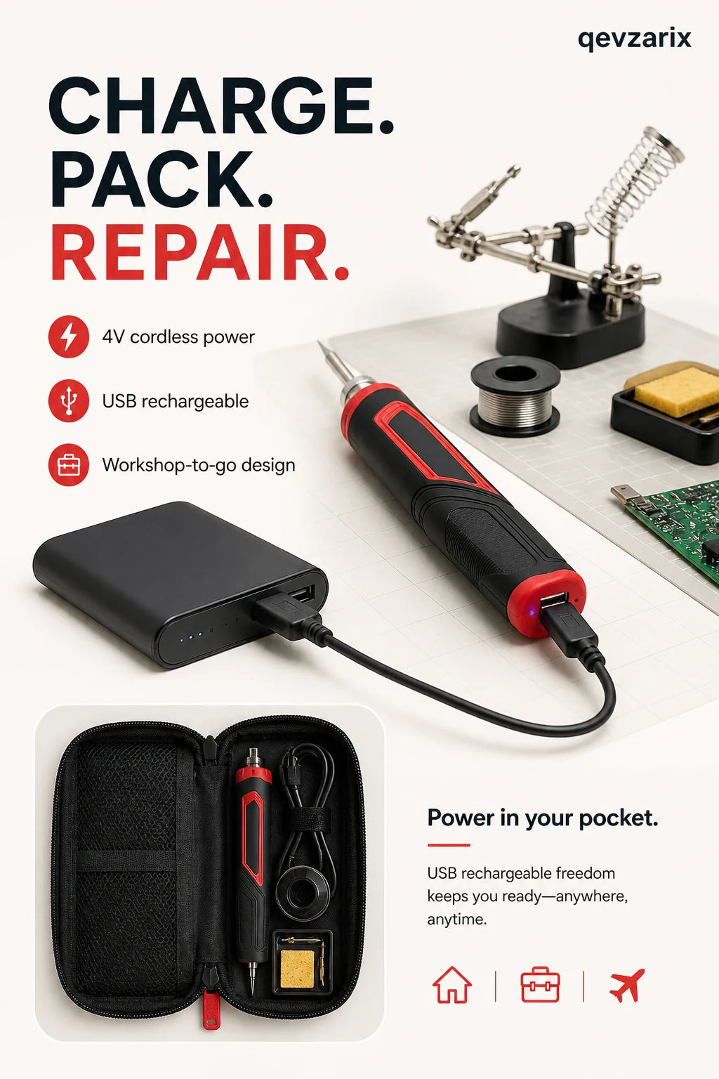 USB rechargeable cordless soldering iron shown with charging and compact carry setup