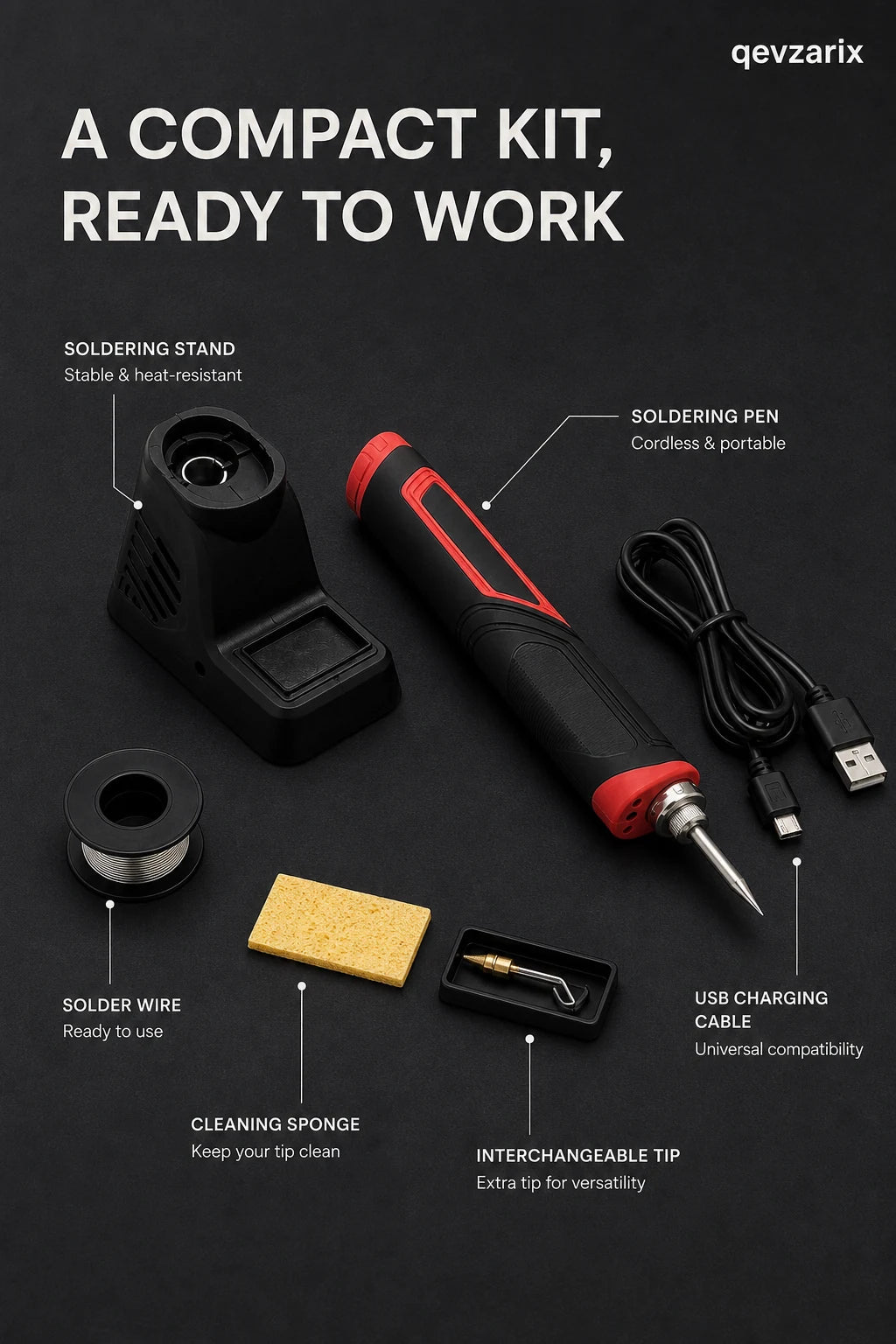 Compact cordless soldering kit with stand, USB cable, solder wire and cleaning sponge